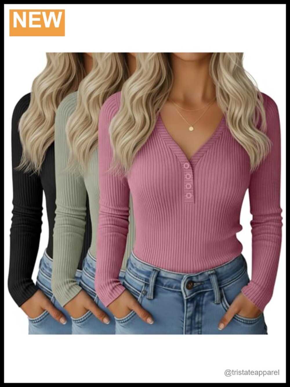 Women's 3 Pack Long Sleeve Henley Shirts Ribbed V Neck Tee Set